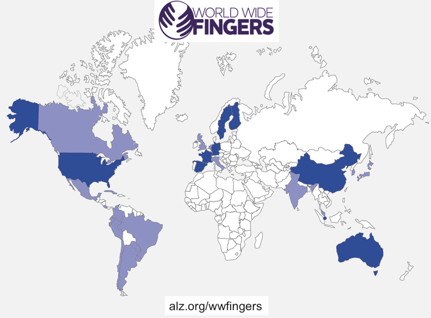 Figure 1. World map with countries which are involved in the WW-FINGERS network. Blue indicates involvement in ongoing WW-FINGERS studies. Studies are currently planned in countries marked with purple